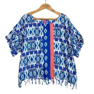 Plenty Tracy Reese Anthropologie Blue Ikat Top Size S Rayon Boho Shirt Fringe